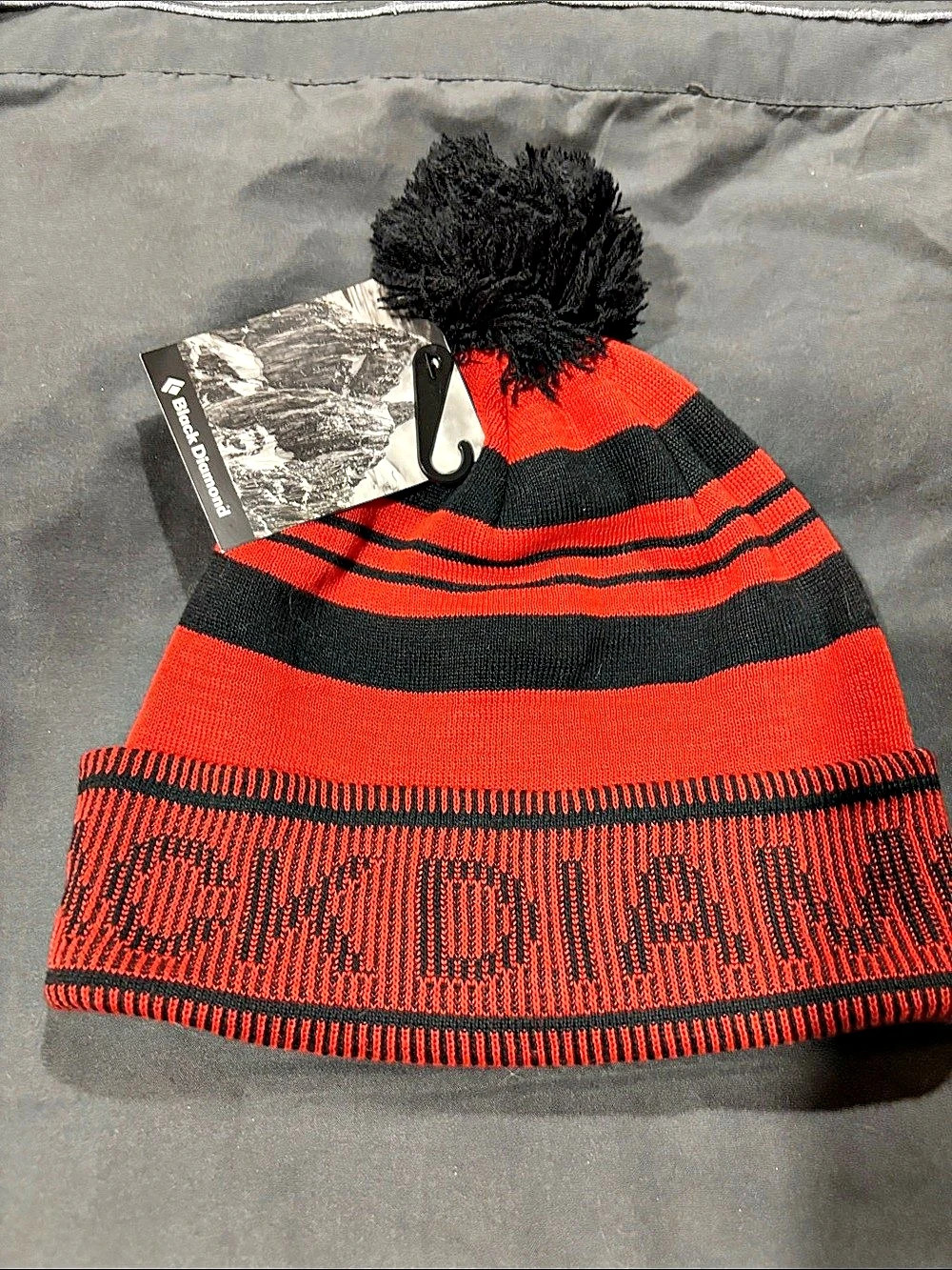 Black Diamond Pom Beanie Red & Black Striped